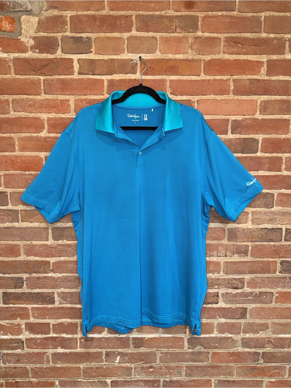 Walter Hagen Baby Blue Striped Golf Polo Athletic Large 11 Majors Collard